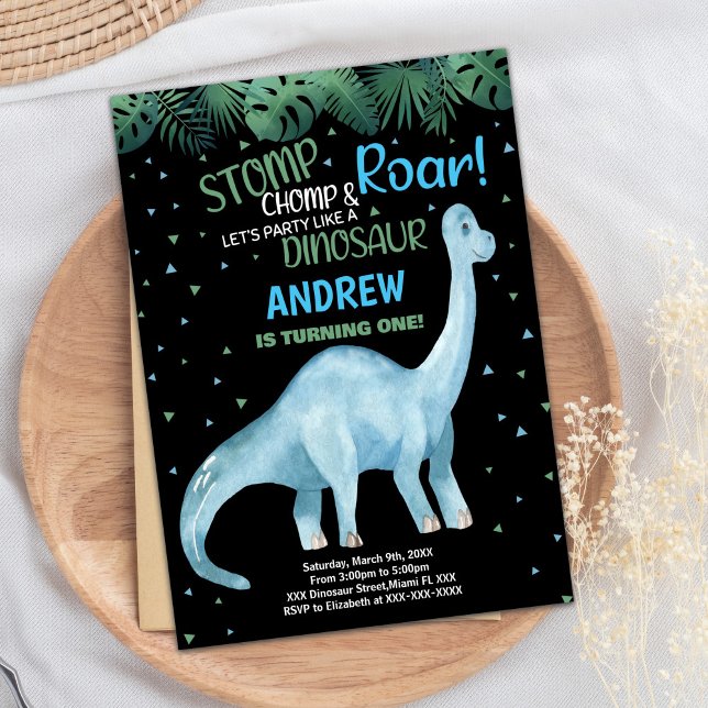 Blue Green Black Dinosaur Birthday Invitations (Blue Green Black Dinosaur Birthday Invitations)