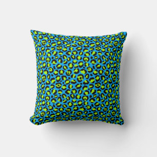 Blue Green Black Leopard Print Throw Pillow