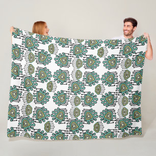 Blue Green Black White Tribal Dots iKat Damask Fleece Blanket