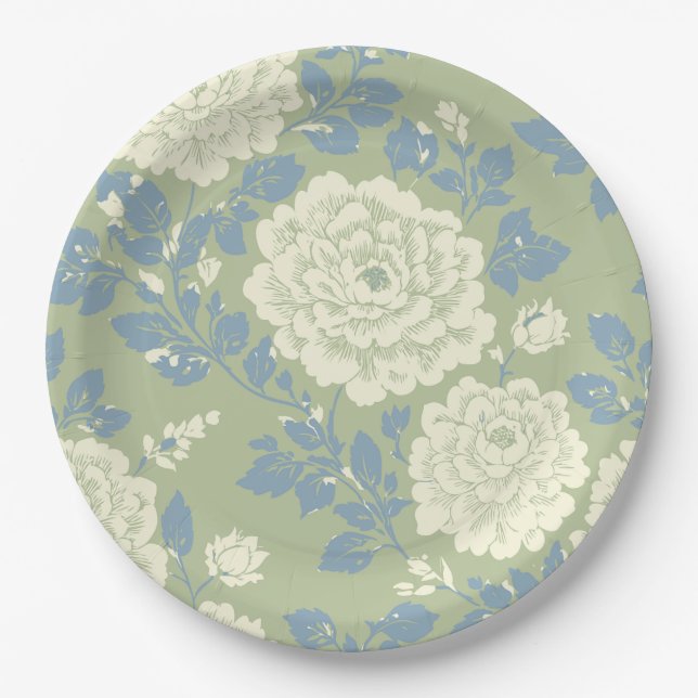 Blue Green Block Print Floral Paper Plate (Front)