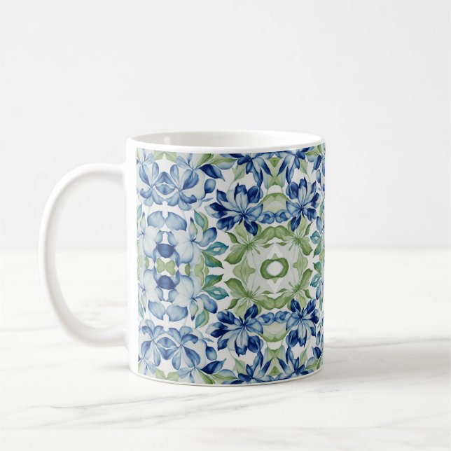 Blue Green Boho Bohemian Floral Pattern Coffee Mug (Left)