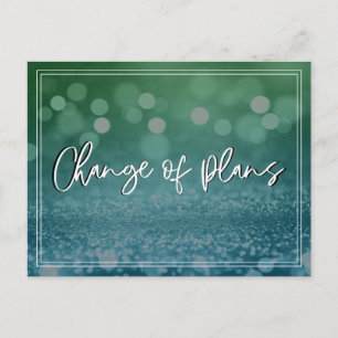 Blue Green Bokeh Change of Plans Postponed Wedding Postcard