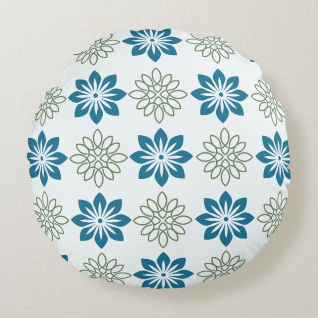 Blue & Green Botanical Harmony Round Pillow (Front)