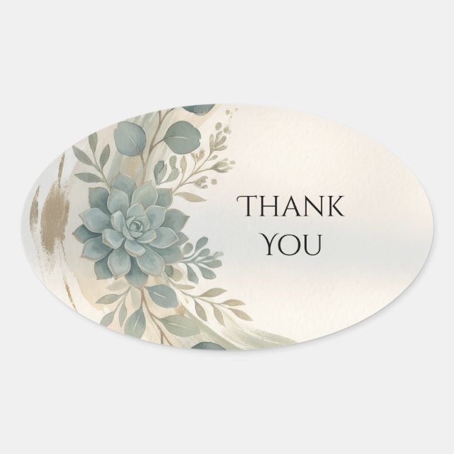 Blue Green Botanical Oval Thank You Sticker (Front)