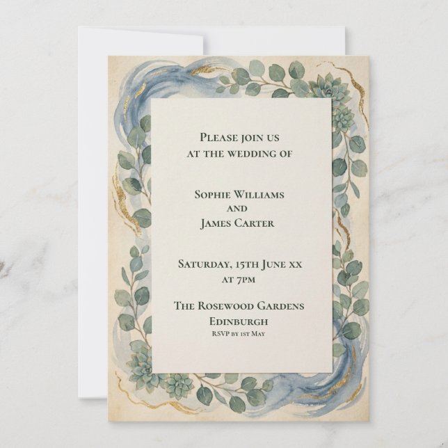 Blue Green Botanical Wedding Invitation (Front)
