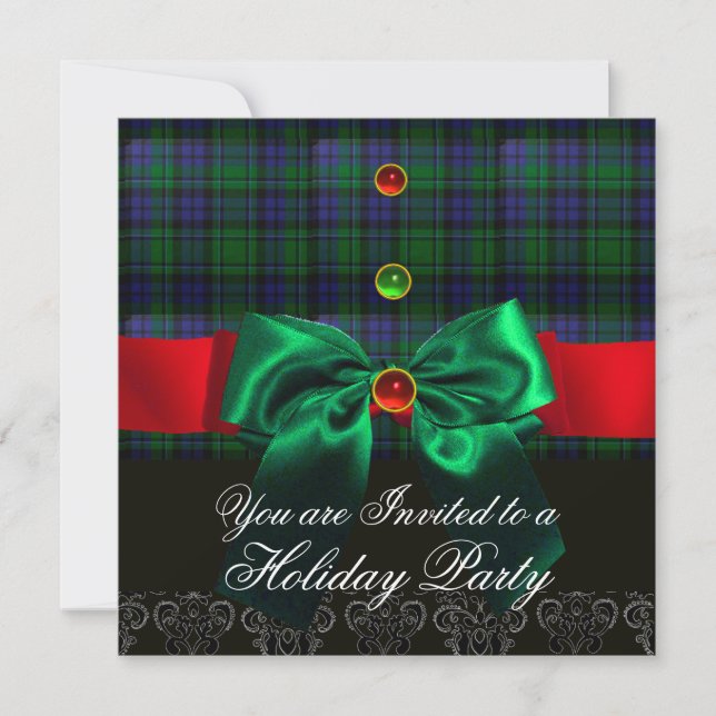 BLUE GREEN BOWS ,COTTISH TARTAN CHRISTMAS PARTY INVITATION (Front)