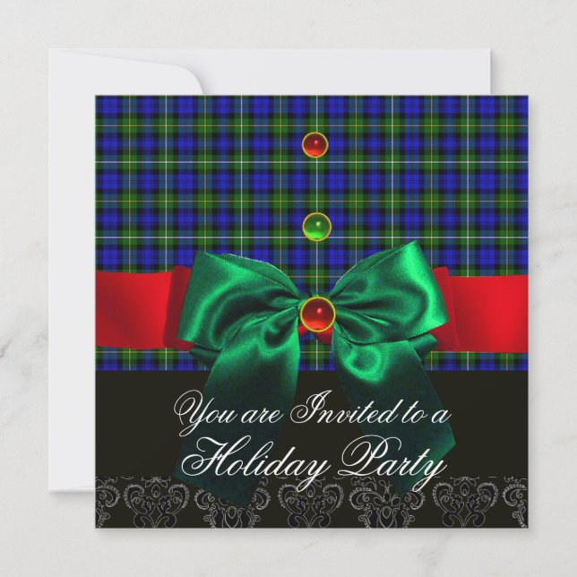 BLUE GREEN BOWS ,COTTISH TARTAN CHRISTMAS PARTY INVITATION (Front)