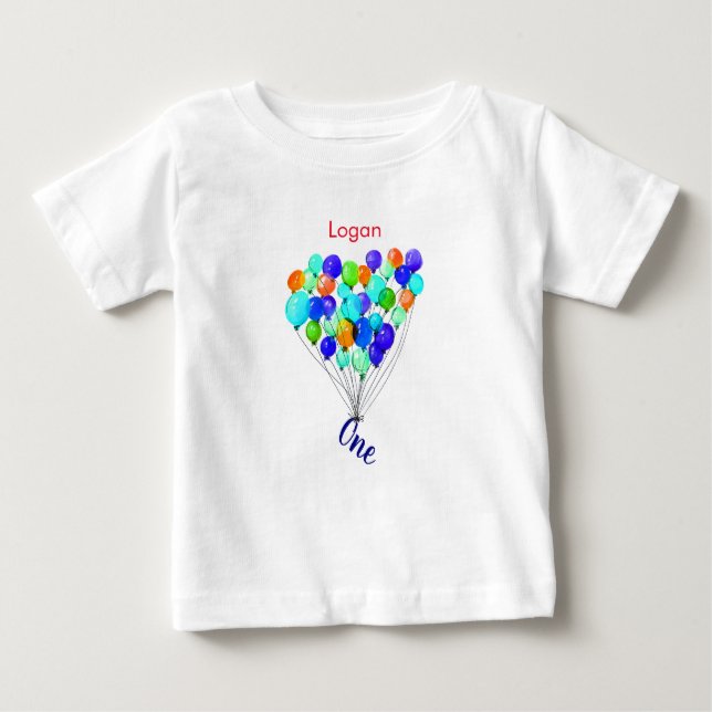 Blue Green Boy BALLOON Personalised ONE Birthday Baby T-Shirt (Front)