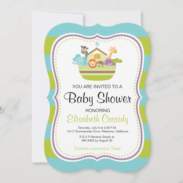 Blue Green, Bracket Noah's Ark Baby Shower Invite. Invitation (Front)