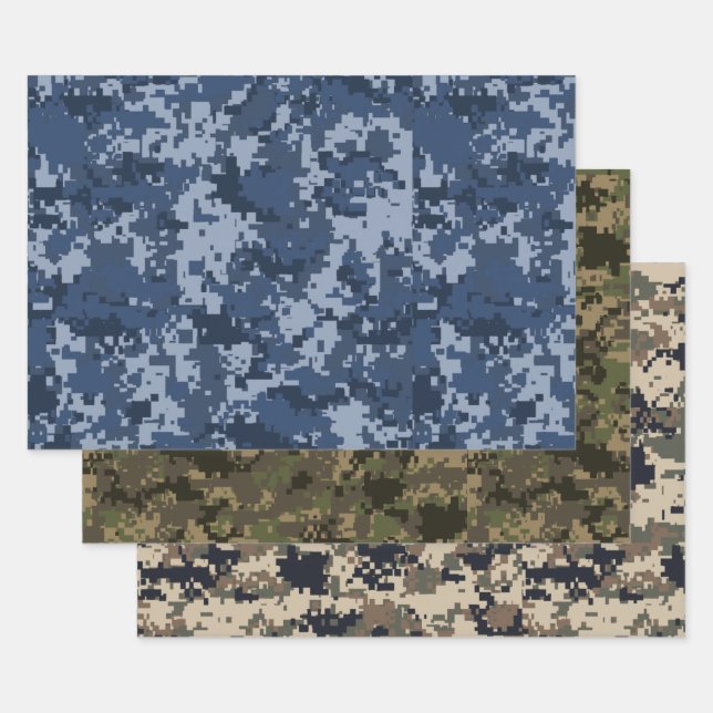 Blue, Green & Brown Pixel Camo Camouflage Wrapping Paper Sheet (Set)