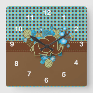 Blue, Green & Brown Plaid Baby Elephant Square Wall Clock