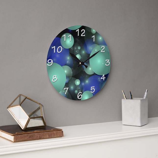 Blue & Green Bubbles Over Black Large Clock (Office)