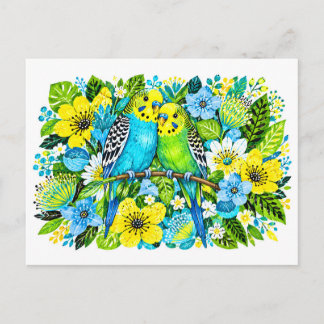 Blue Green Budgies Budgerigars Matching Floral Ill Postcard