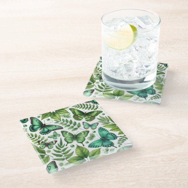 Blue-Green Butterflies Glass Coaster (Angled)