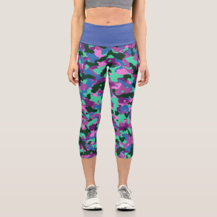 Blue Green Camo Capri Leggings, Stylish Camouflage Leggings