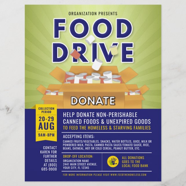 Blue Green Canned Food Drive Fundraiser Flyer (Front)