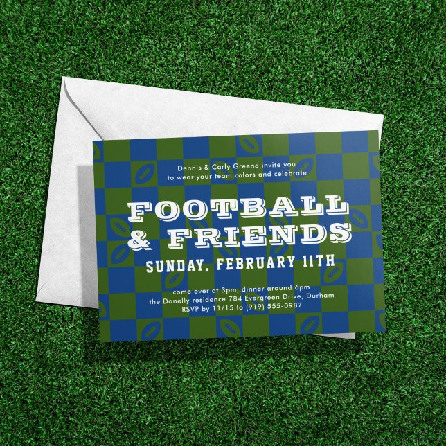 Blue Green Chequerboard Football Game Watch Party Invitation (Creator Uploaded)