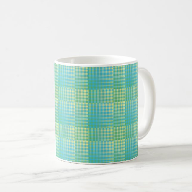 Blue Green Chequered Abstract Pattern Coffee Mug (Front Right)