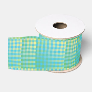 Blue Green Chequered Abstract Pattern Grosgrain Ribbon