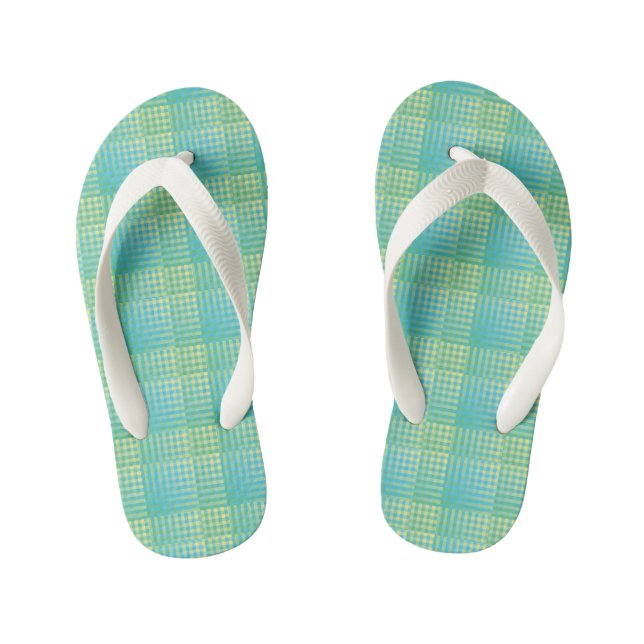 Blue Green Chequered Abstract Pattern Kid's Thongs (Footbed)