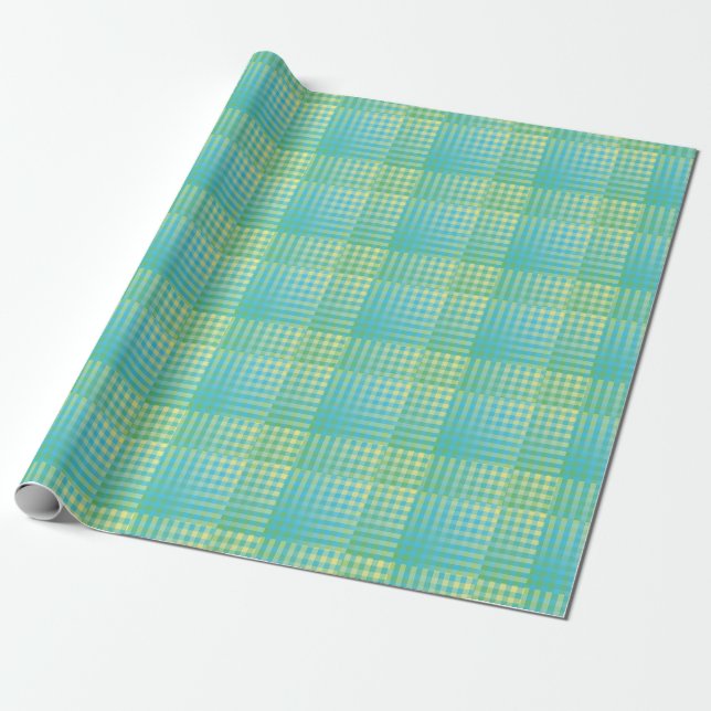 Blue Green Chequered Abstract Pattern Wrapping Paper (Unrolled)