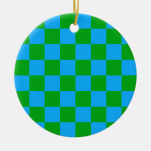 Blue Green Chequered Check Pattern Ceramic Ornament
