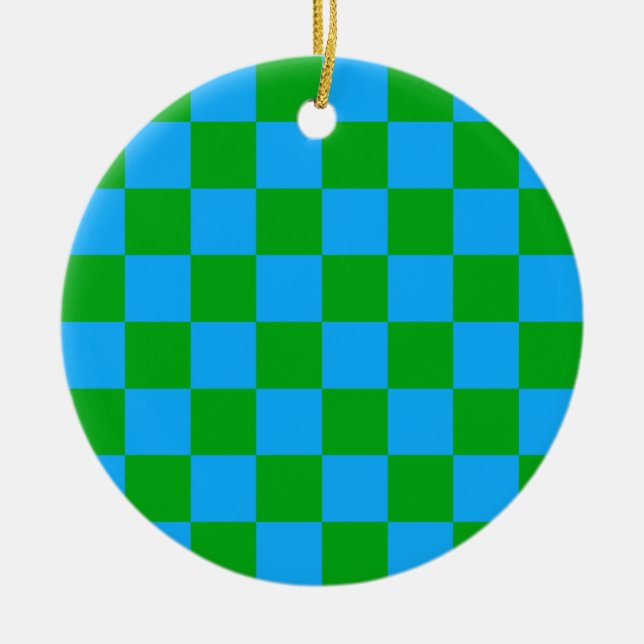 Blue Green Chequered Check Pattern Ceramic Ornament (Front)