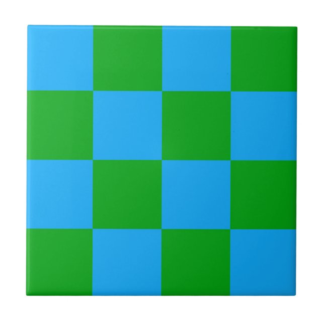 Blue Green Chequered Check Pattern Ceramic Tile (Front)