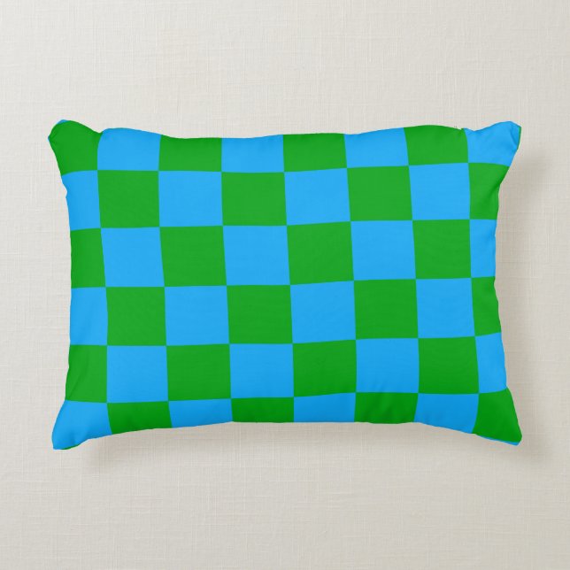 Blue Green Chequered Check Pattern Decorative Cushion (Front)