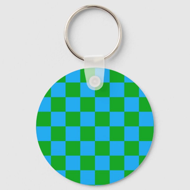 Blue Green Chequered Check Pattern Key Ring (Front)