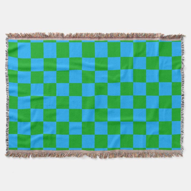 Blue Green Chequered Check Pattern Throw Blanket (Front)