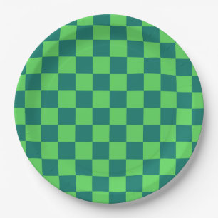 Blue Green Chequered Classic Retro Check Pattern  Paper Plate