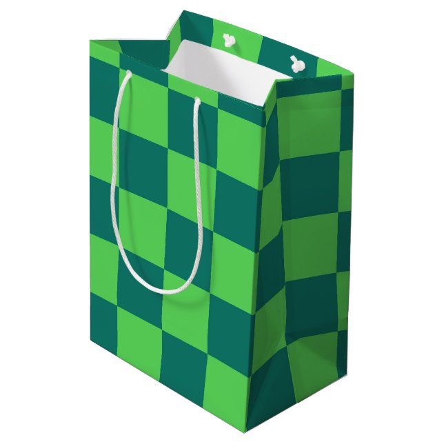 Blue Green Chequered Gingham Pattern Medium Gift Bag (Back Angled)