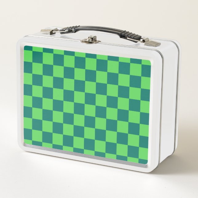 Blue Green Chequered Gingham Pattern Metal Lunch Box (Front)