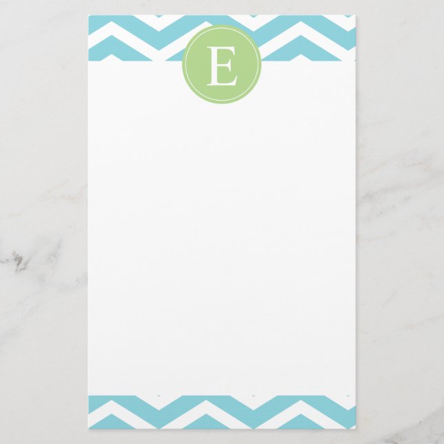Blue Green Chevron Monogram Stationery (Front)