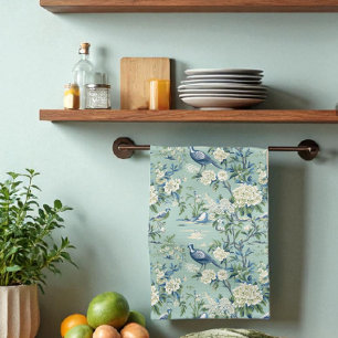 Blue Green Chinoiserie Style Floral Kitchen Towel