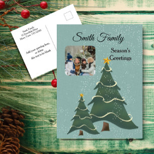 Blue green Christmas Tree Vintage Scene Photo Holiday Postcard