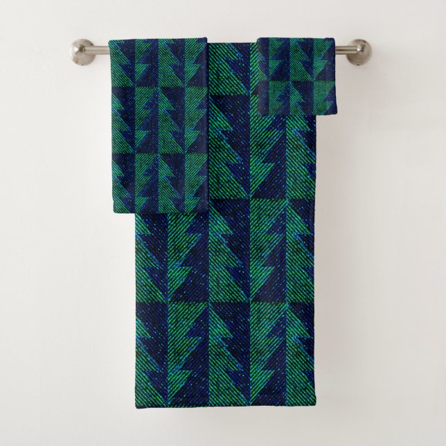 Blue, green Christmas trees.  Bath Towel Set (Insitu)