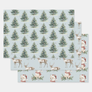 Blue Green Christmas Trees Deer Fox Wrapping Paper Sheet