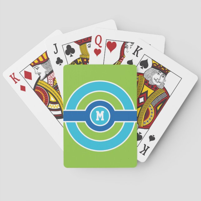 Blue / Green Circles custom monogram playing cards (Back)