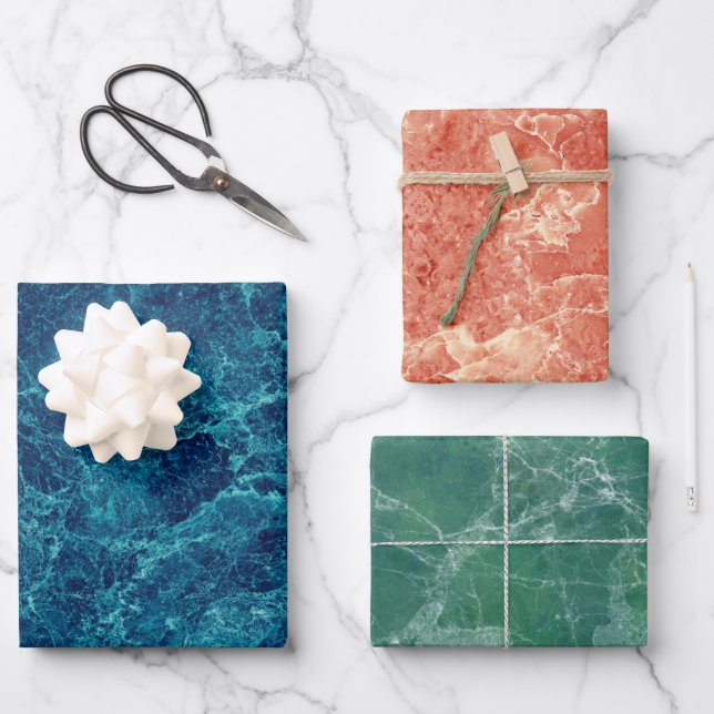 Blue, Green & Coral Marble Texture Wrapping Paper Sheet (Front)