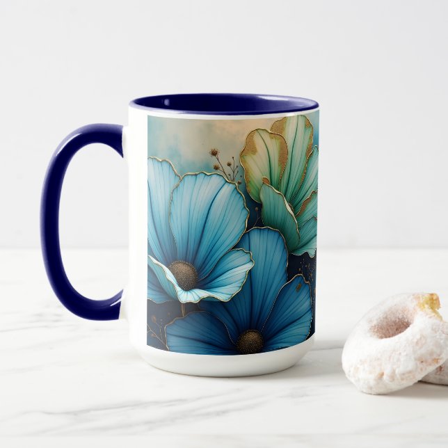 Blue Green Cosmos floral Mug (With Donut)