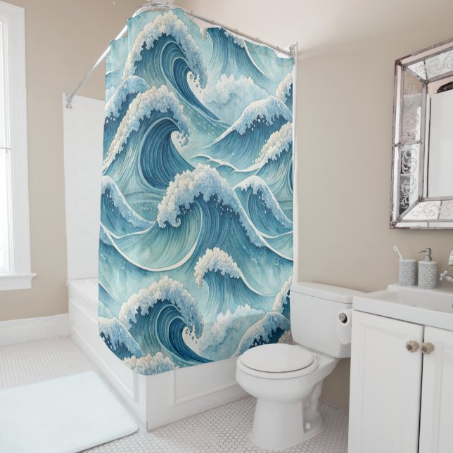 BLUE GREEN CRASHING OCEAN WAVES SHOWER CURTAIN (In Situ)