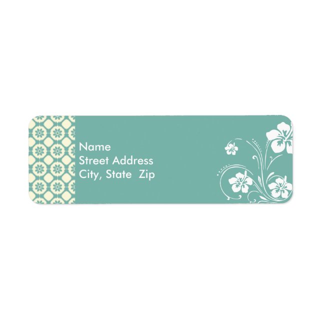 Blue-Green & Cream Floral; Aloha Return Address Label (Front)