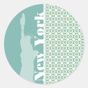 Blue-Green & Cream Floral; New York Classic Round Sticker