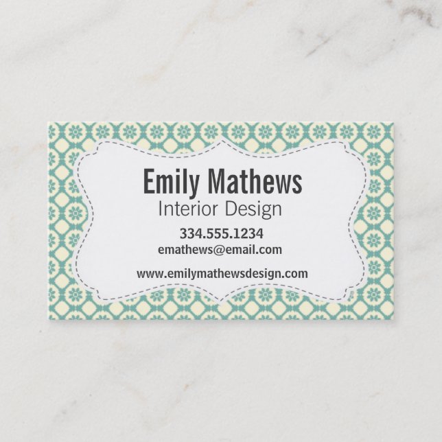Blue-Green & Cream Floral Pattern Business Card (Front)