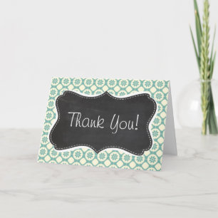 Blue-Green & Cream Floral; Vintage Chalkboard Thank You Card