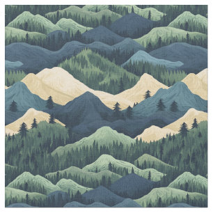 Blue / Green / Cream Trees & Mountains Fabric