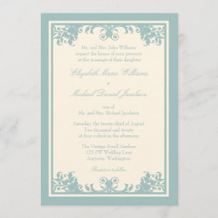 Blue Green Cream Vintage Flourish Scroll Wedding Invitation