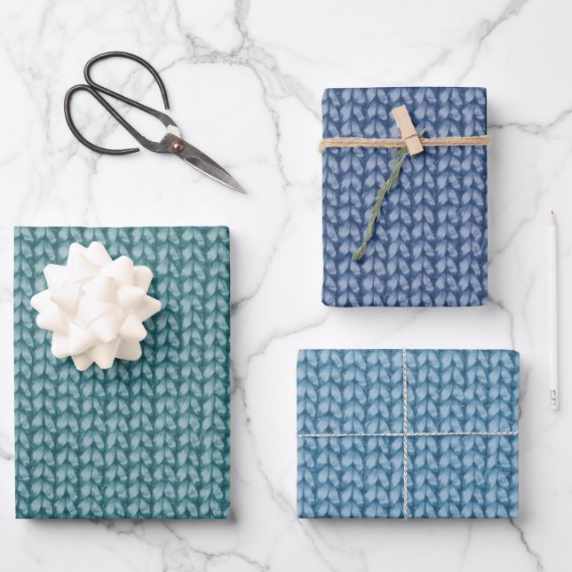 Blue Green Crochet Yarn Pattern Wrapping Paper Sheet (Front)